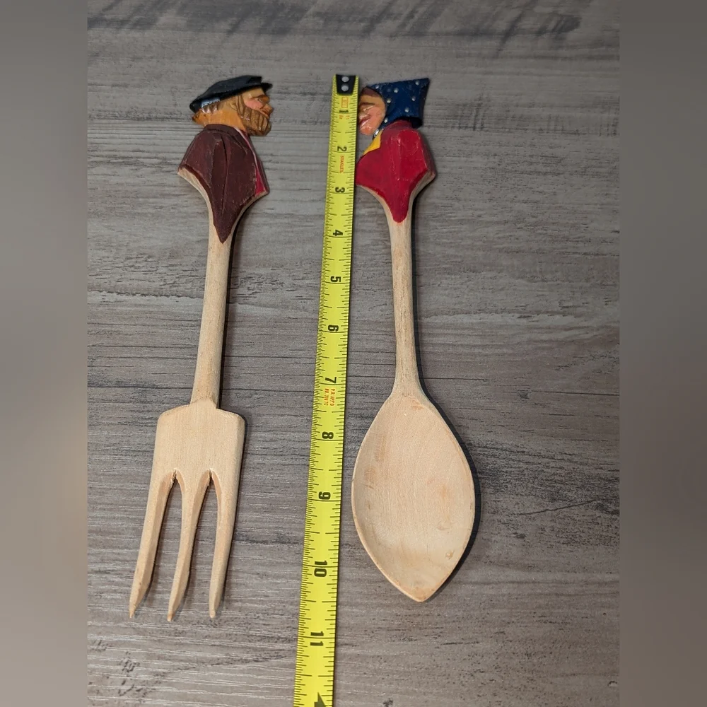 Folk Art Wooden Carved Spoon And Fork Couple. R Audet